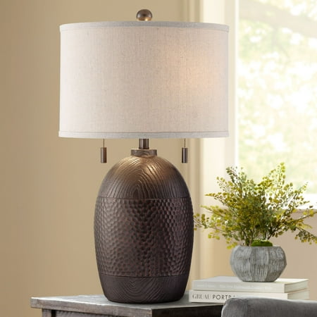 Franklin Iron Works Rustic Table Lamp Hammered Textured Bronze White Drum Shade for Living Room Franklin Iron Works Rustic Table Lamp Hammered Textured Bronze White Drum Shade for Living Room